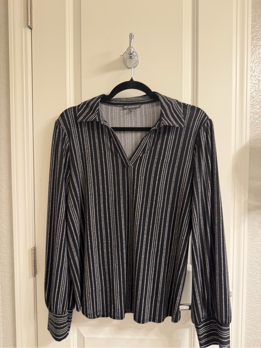 Adrianna Papell Black and White Vertical Stripe Button-Front Shirt